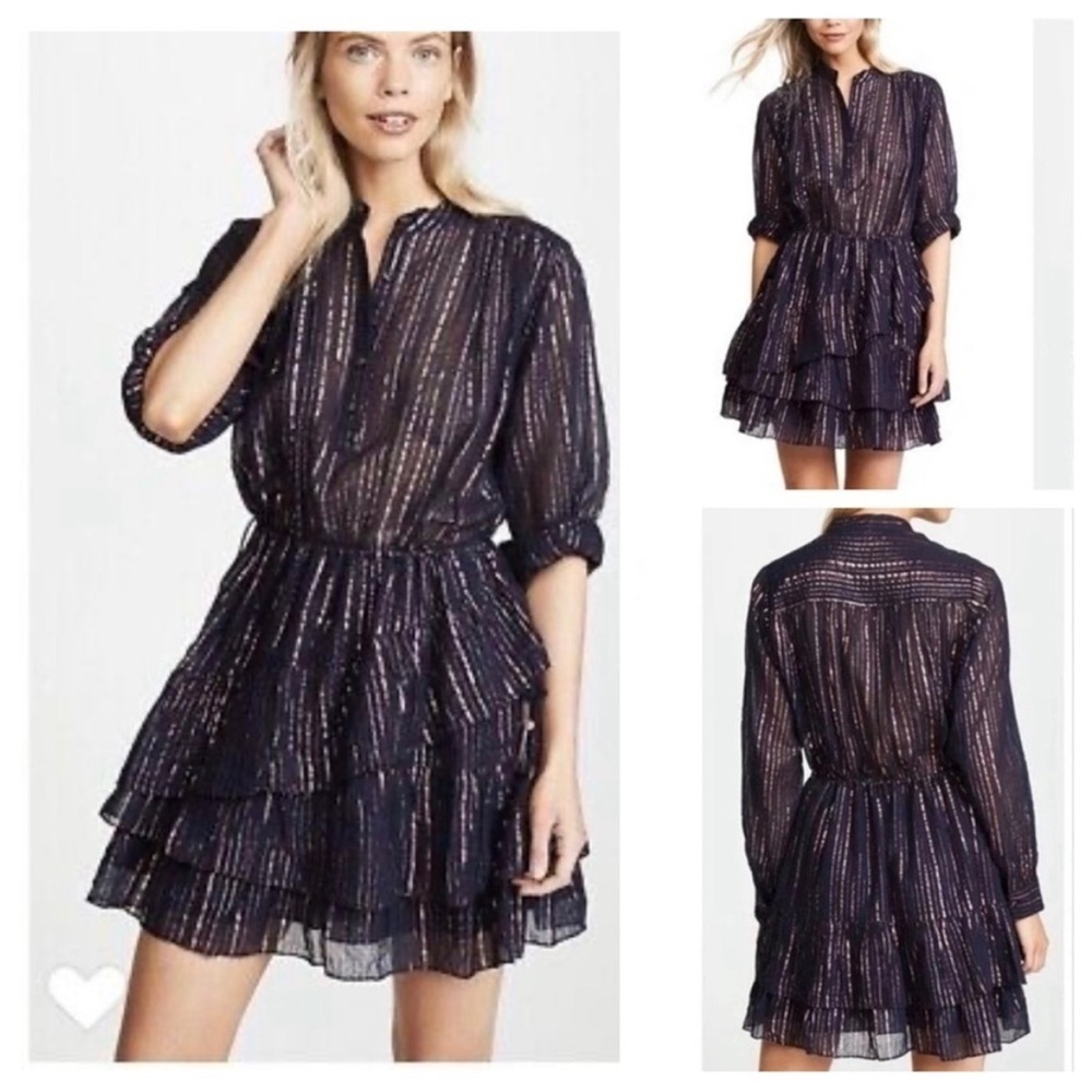 Ulla Johnson Della Tiered Mini Party Dress sz: 4 S Midnight Blue Metallic Copper
